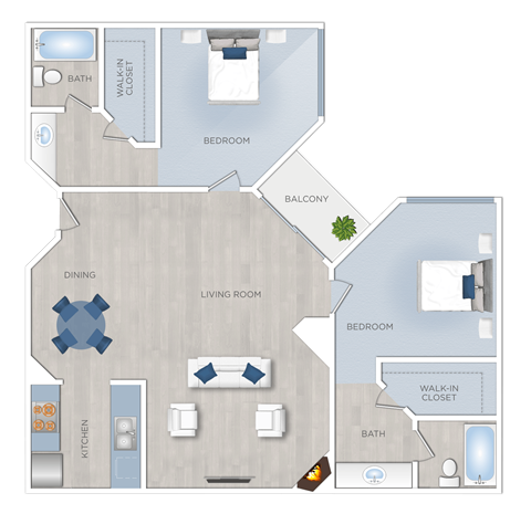 Floor plan for 2 beds, 2 baths, 1011 sqft